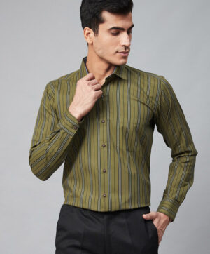 Men Olive Green & Black Regular Fit Giza Cotton Striped Semiformal Shirt