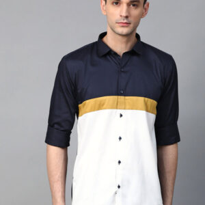 Men Navy Blue & White Slim Fit Colourblocked Casual Shirt