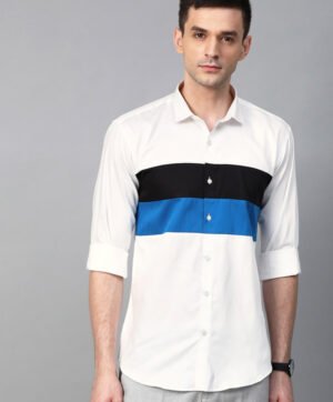 Men White & Blue Slim Fit Striped Casual Shirt