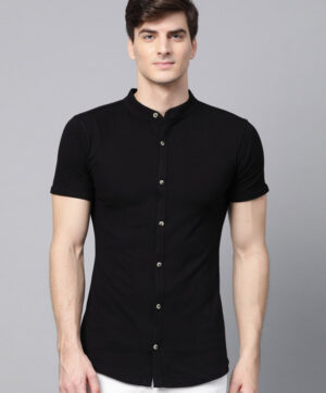 Men Black Slim Fit Solid Knitted Casual Shirt