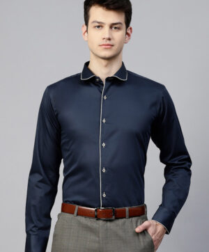 Men Navy Blue Slim Fit Solid Formal Shirt