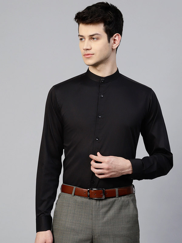 Men Black Slim Fit Solid Smart Casual Shirt - ManQ