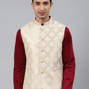Men White Woven Jaquard Silk Nehru Jacket