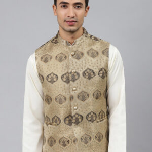 Men Gold Toned & Black Woven Jaquard Silk Nehru Jacket