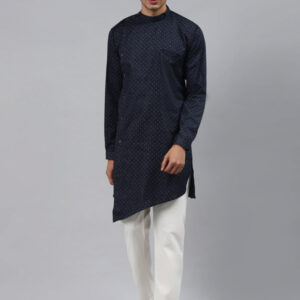 Men Navy Blue Floral Printed Pure Cotton Kurta with Pyjamas