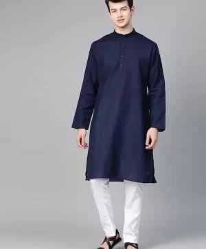 Men Navy Blue & White Solid Kurta with Pyjamas