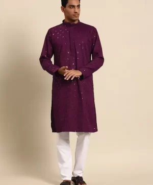 Men Burgundy Regular Sequinned Kurta with Pyjamas