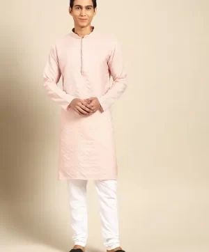 Men Self Design Regular Thread Work Kurta with Churidar