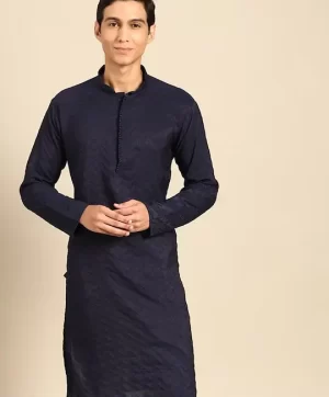 Chevron Embroidered Mandarin Collar Indigo Straight Kurta