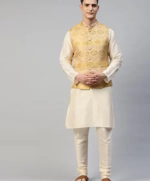 Men Cream-Coloured & Gold- Toned Kurta with Churidar & Woven Design Nehru Jacket