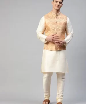 Men Cream-Coloured & Peach Kurta with Churidar & Woven Design Nehru Jacket