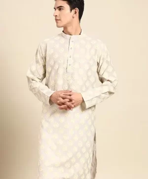 Floral Embroidered Mandarin Collar Thread Work Straight Kurta