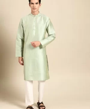 Woven Design Mandarin Collar Cotton Silk Straight Kurta