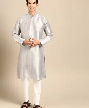 Foil Striped Mandarin Collar Cotton Silk Straight Kurta