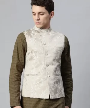 Men Beige Ethnic Motifs Jaquard Woven Design Nehru Jacket