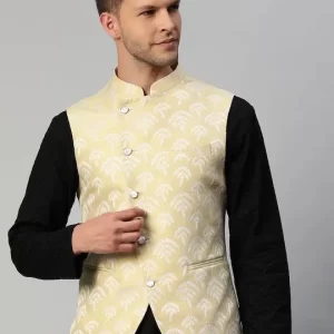 Men Beige & Gold Ethnic Motifs Jaquard Woven Design Nehru jacket