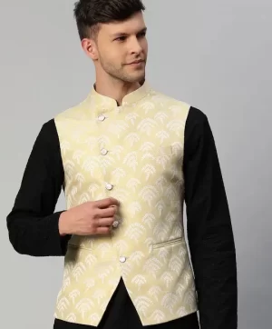 Men Beige & Gold Ethnic Motifs Jaquard Woven Design Nehru jacket