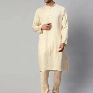 Men Beige & Golden Ethnic Motifs Printed Chanderi Cotton Kurta with Pyjamas