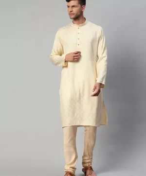 Men Beige & Golden Ethnic Motifs Printed Chanderi Cotton Kurta with Pyjamas