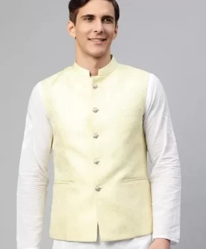 Men Beige & White Ethnic Motifs Jaquard Woven Design Nehru Jacket