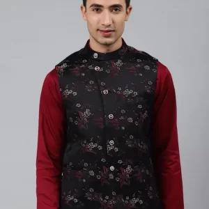 Men Black Woven Jaquard Silk Nehru Jacket