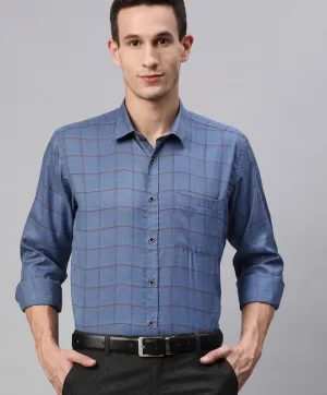 Men Blue Smart Grid Tattersall Checks Checked Formal Shirt