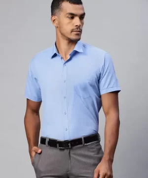 Men Blue Solid Short Sleeves Spread Collar Formal Shirt