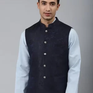 Men Blue Woven Jaquard Silk Nehru Jacket