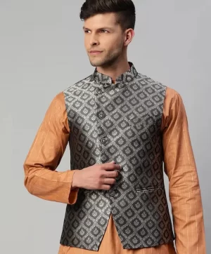Men Charcoal Grey & Gold Ethnic Motifs Jaquard Woven Design Nehru jacket