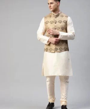 Men Cream-Coloured & Beig Kurta with Churidar & Woven Design Nehru Jacket