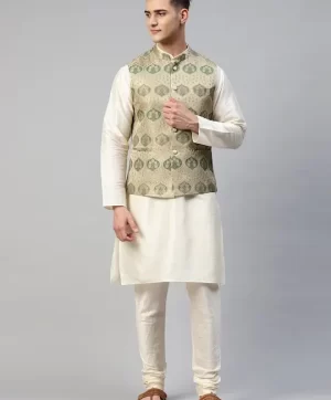 Men Cream-Coloured & Beige Solid Kurta with Churidar & Woven Design Nehru Jacket
