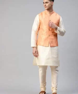 Men Cream-Coloured & Peach Kurta with Churidar & Woven design Nehru Jacket