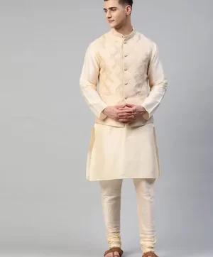 Men Cream-Coloured Solid Kurta with Churidar & Woven Design Nehru Jacket
