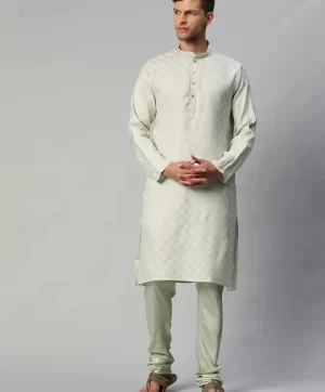 Men Green Ethnic Motifs Chanderi Cotton Kurta with Pyjamas