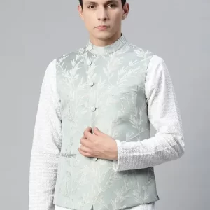 Men Green & Silver Ethnic Motifs Jaquard Woven Design Nehru Jacket