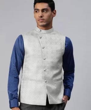 Men Grey & Gold Ethnic Motifs Jaquard Woven Design Nehru Jacket