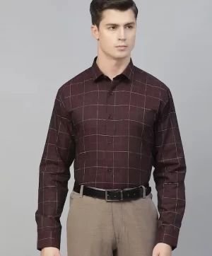 Men Maroon Smart Windowpane Checks Checked Semiformal Shirt
