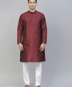 Men Maroon Striped Kurta with Pyjamas