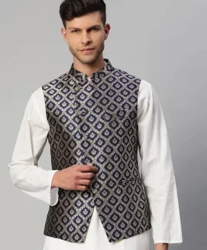 Men Navy Blue & Gold Ethnic Motifs Jaquard Woven Design Nehru jacket