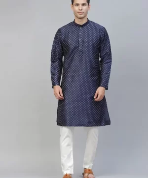 Men Navy Blue Printed Kurta with Pyjamas