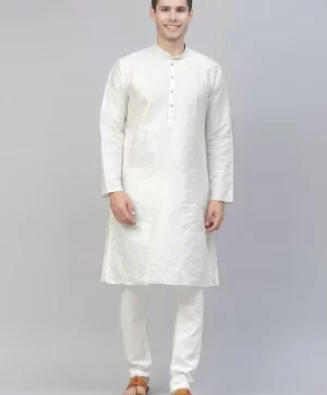 Men Off White Geometric Printed Straight Kurta