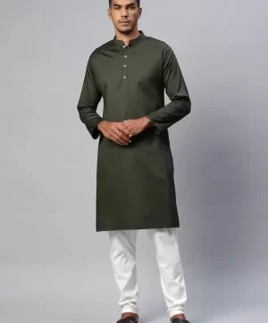 Men Olive Green & White Pure Cotton Kurta with Pyjamas