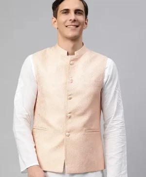 Men Peach-Coloured Ethnic Motifs Jaquard Woven Design Nehru Jacket