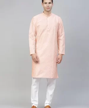 Men Peach-Coloured Ethnic Motifs Printed Kurta with Pyjamas