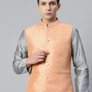 Men Peach-Coloured & Gold Ethnic Motifs Jaquard Woven Design Nehru Jacket