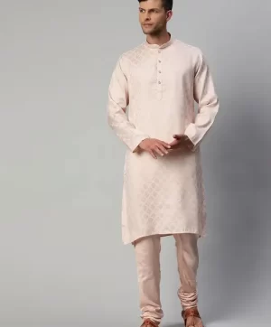 Men Pink Ethnic Motifs Chanderi Cotton Kurta with Pyjamas