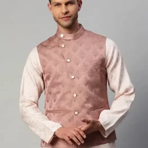 Men Pink & Golden Woven Design Nehru Jacket