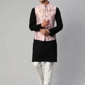 Men Pink & Golden Woven Design Nehru Jacket