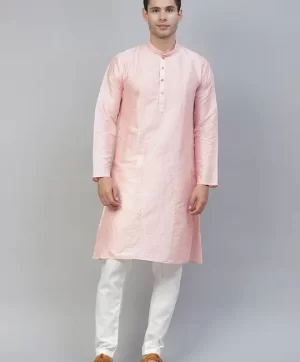 Men Pink Mandarin Collar Printed Straight Kurta
