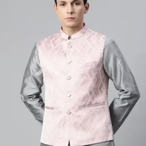 Men Pink & Silver Ethnic Motifs Jaquard Woven Design Nehru Jacket